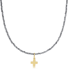 choker silver faceted hematite 2mm bead - signature cross gold charm