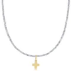 choker bright silver faceted hematite 2mm bead - signature cross gold charm