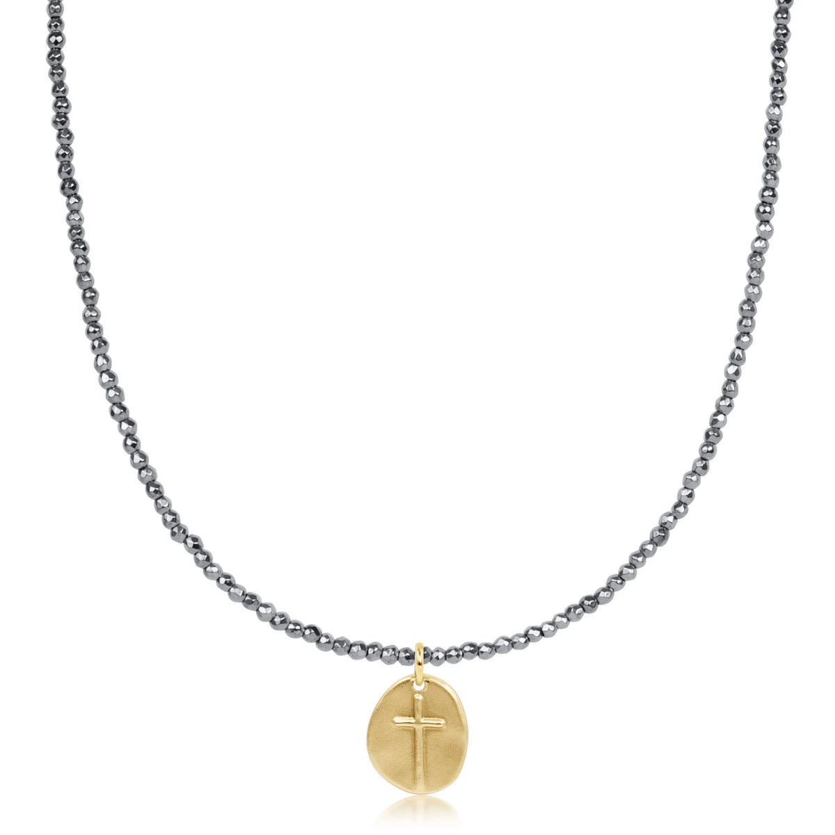 choker silver faceted hematite 2mm bead - inspire small gold charm