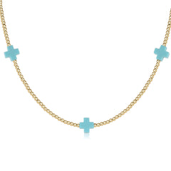 15" Choker Signature Cross Gold Pattern 2mm Bead - Turquoise